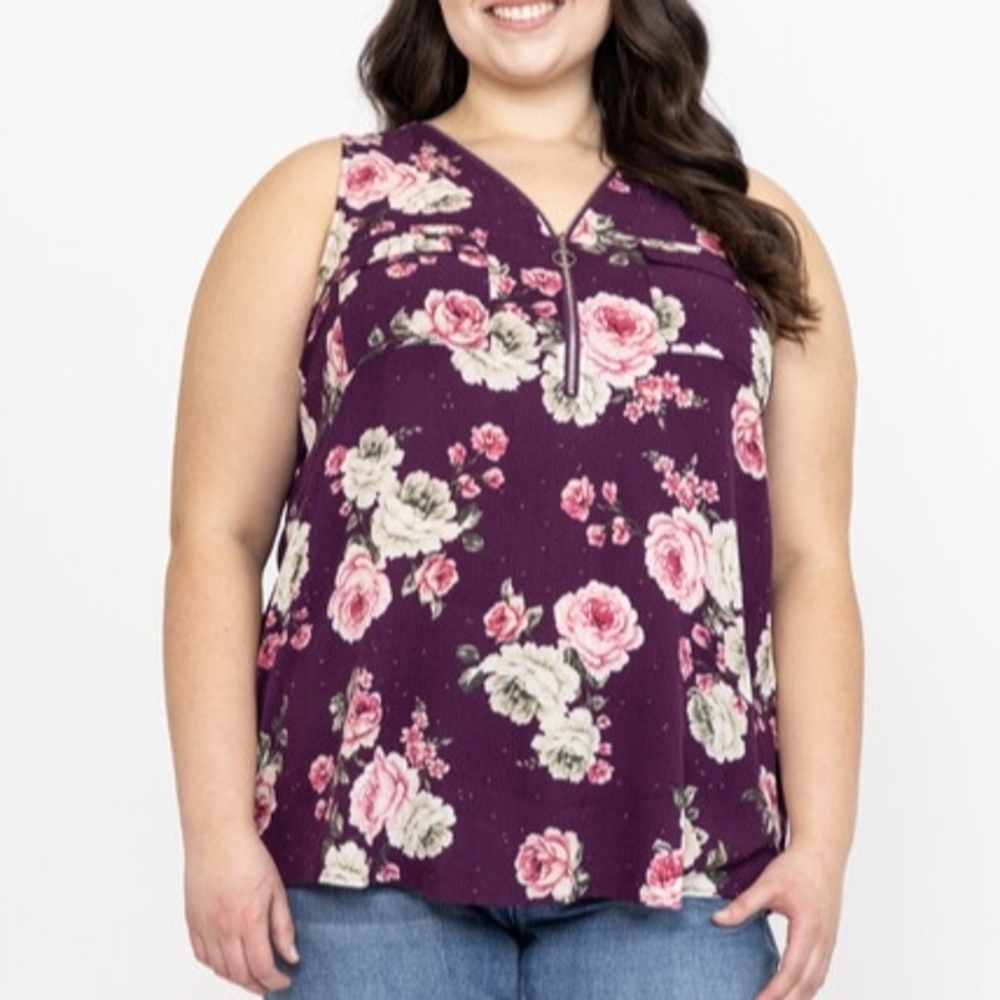 🍀2/$30🍀 Floral Half Zip Purple Sleeveless Tank Top - Warehouse One - S